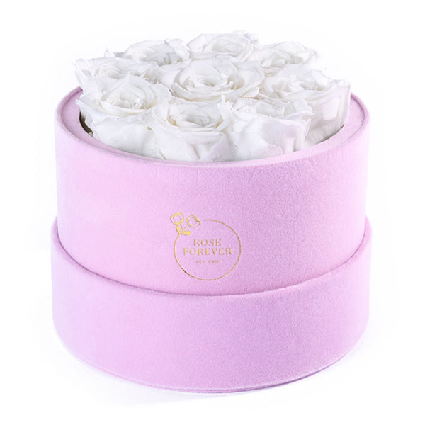 Rose Forever 9 White Roses - Pink Round Suede Box