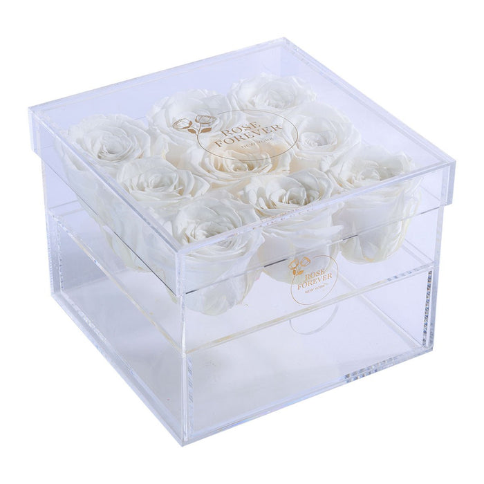 Rose Forever 9 White Roses - Square Crystal Box