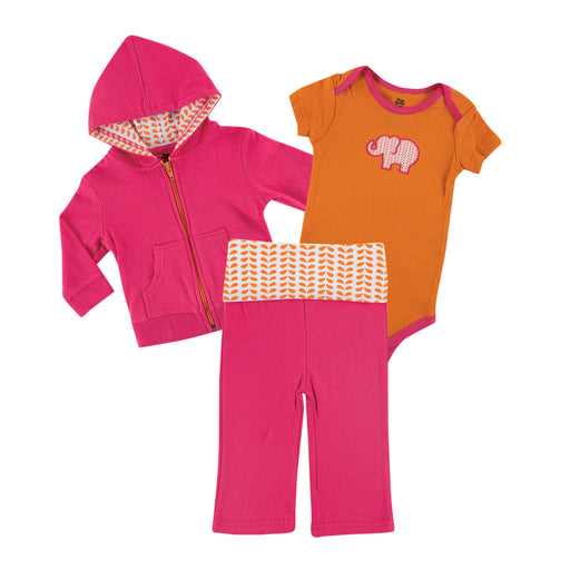 Yoga Sprout Baby Girl Cotton Hoodie, Bodysuit and Pant, Pink Elephant