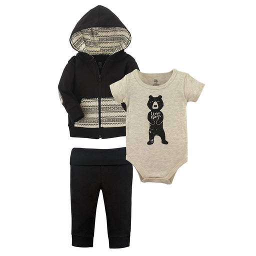 Yoga Sprout Baby Boy Cotton Hoodie, Bodysuit and Pant, Bear Hugs