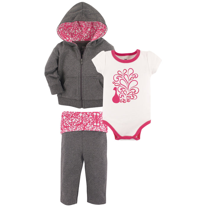 Yoga Sprout Girl Cotton Hoodie, Bodysuit, and Pant, Peacock Baby, 3-6 Months