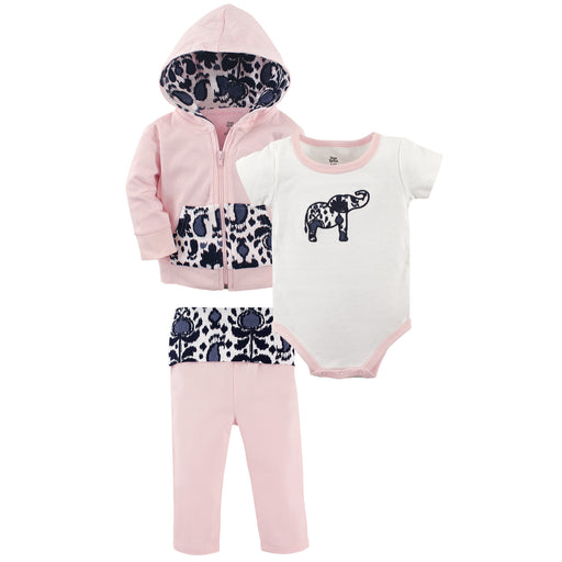 Yoga Sprout Baby Girl Cotton Hoodie, Bodysuit and Pant, Ikat Elephant