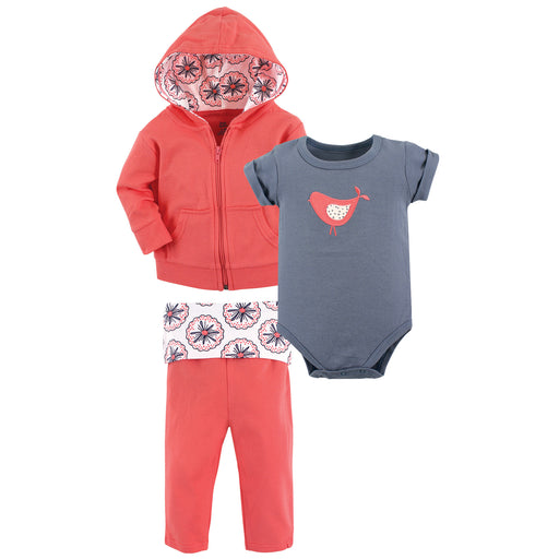 Yoga Sprout Baby Girl Cotton Hoodie, Bodysuit and Pant, Bloom