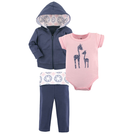 Yoga Sprout Baby Girl Cotton Hoodie, Bodysuit and Pant, Whimsical Giraffe