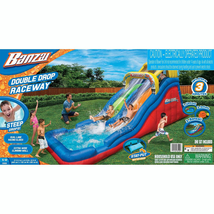 Banzai Double Drop Raceway 2 Lane Inflatable Outdoor Water Slide & Climbing Wall