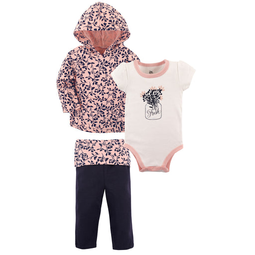 Yoga Sprout Baby Girl Cotton Hoodie, Bodysuit and Pant, Fresh