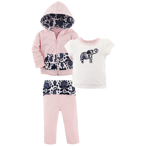 Yoga Sprout Toddler Girl Cotton Hoodie, Tee Top, and Pant, Ikat Elephant
