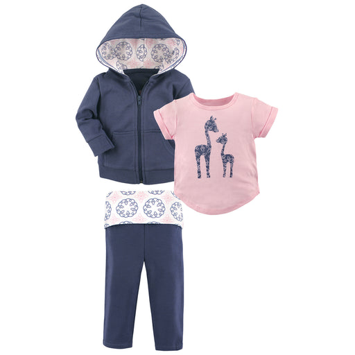 Yoga Sprout Toddler Girl Cotton Hoodie, Tee Top, and Pant, Whimsical Giraffe
