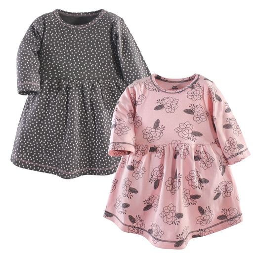 Yoga Sprout Baby and Toddler Girl Cotton Long-Sleeve Dresses 2 Pack, Feather Floral