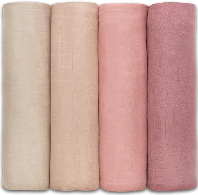 Comfy Cubs Baby Muslin Swaddle Blankets 4 Pack - Sand, Blush, Bold Blush, Mauve