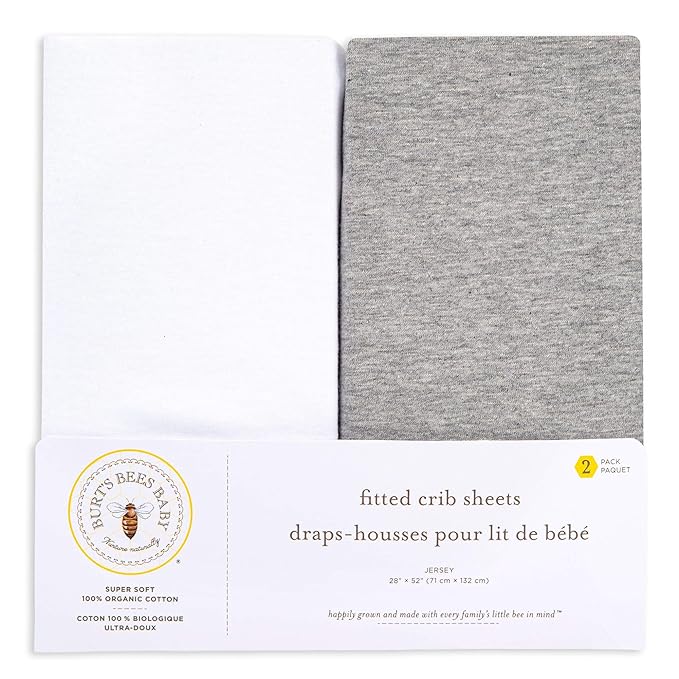 Burt's Bees Baby - Fitted Crib Sheets, 2 Pack, Heather Grey/White