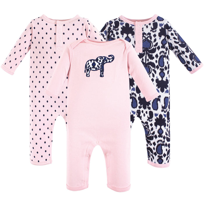 Yoga Sprout Baby Girl Cotton Coveralls 3 Pack, Ikat Elephant