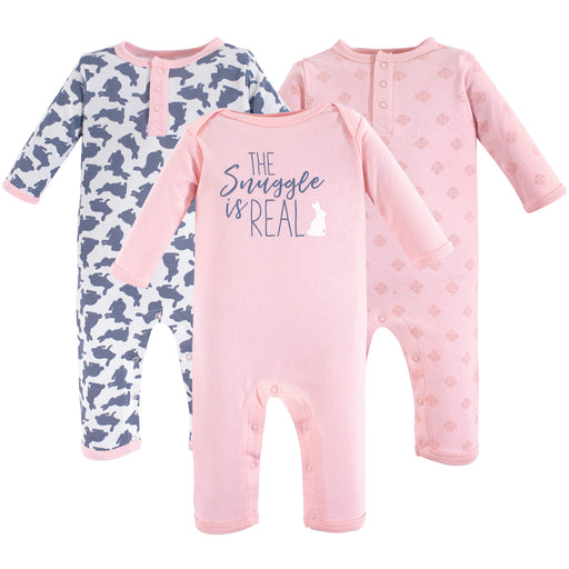 Yoga Sprout Baby Girl Cotton Coveralls 3 Pack, Snuggle Bunny
