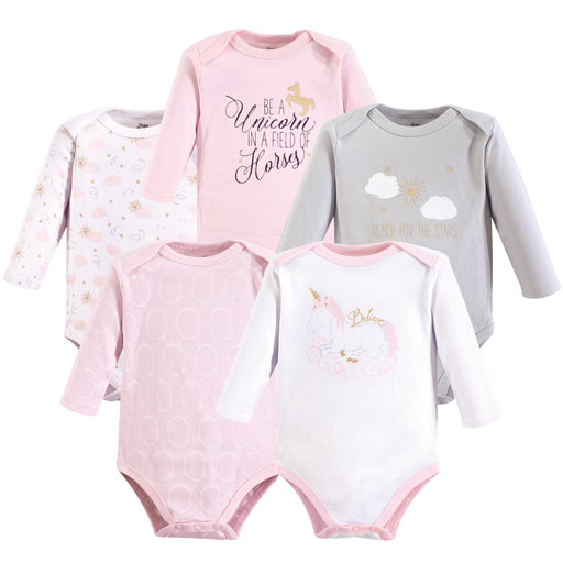Yoga Sprout Baby Girl Cotton Long-Sleeve Bodysuits 5 Pack, Unicorn