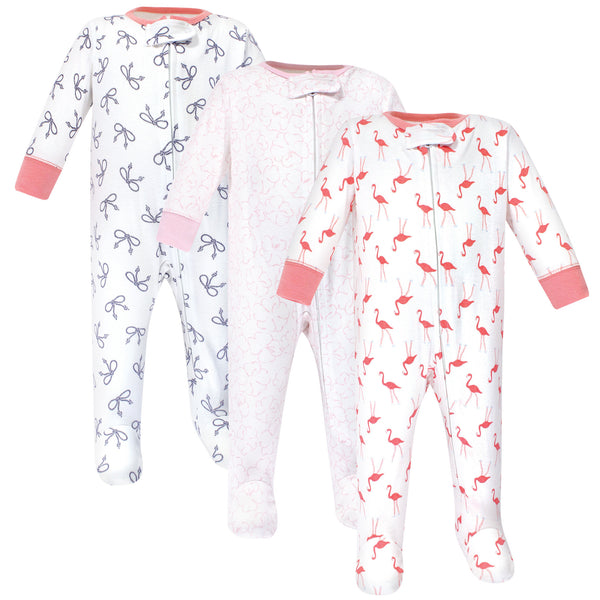 Yoga Sprout Baby Girl Cottton Zipper Sleep and Play 3 Pack, Flamingo