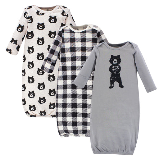 Yoga Sprout Baby Boy Cotton Long-Sleeve Gowns 3 Pack, Bear Hugs