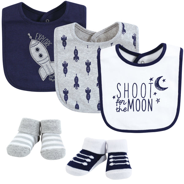 Yoga Sprout Baby Boy Cotton Bibs and Socks, Moon, One Size