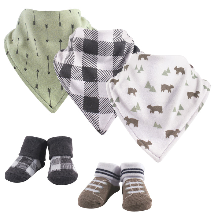 Yoga Sprout Baby Boy Cotton Bandana Bibs and Socks 5 Pack, Bear, One Size