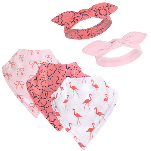 Yoga Sprout Baby Girl Cotton Bandana Bibs and Headbands 5 Pack, Flamingo, One Size