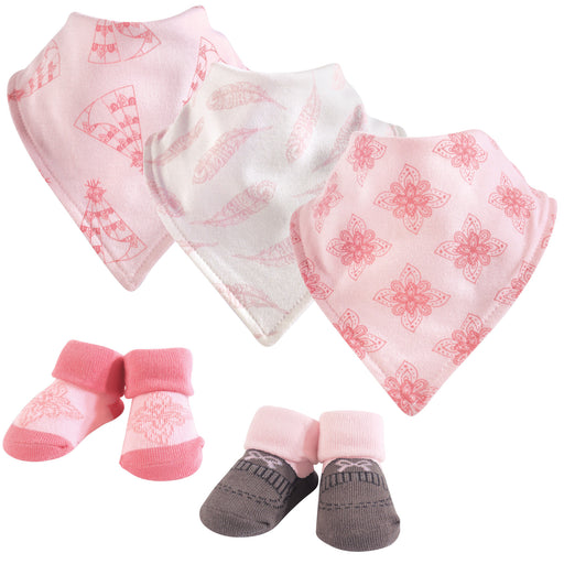 Yoga Sprout Baby Girl Cotton Bandana Bibs and Socks 5 Pack, Feather, One Size