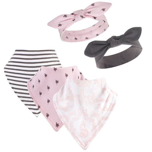 Yoga Sprout Baby Girl Cotton Bandana Bibs and Headbands 5 Pack, Lace Garden, One Size