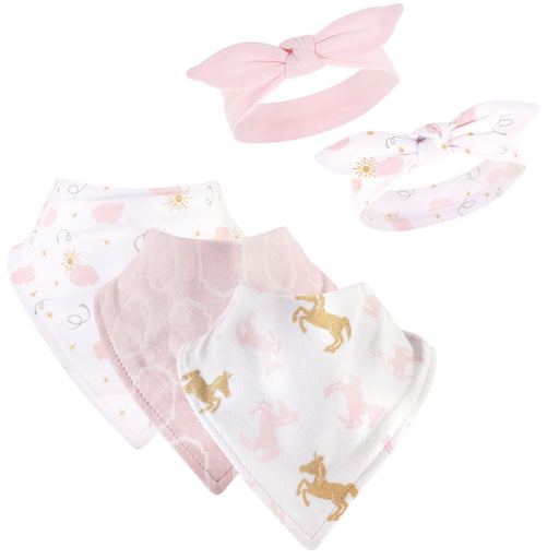 Yoga Sprout Baby Girl Cotton Bandana Bibs and Headbands 5 Pack, Unicorn, One Size