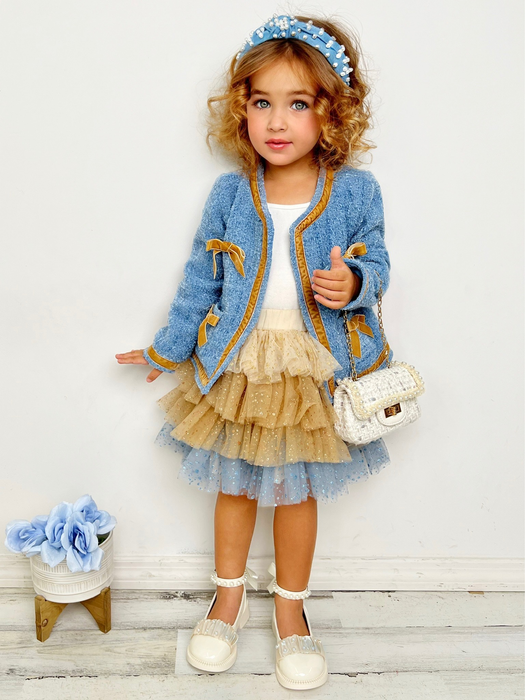Mia Belle Girls Hello Darling Blue Tweed Jacket And Tulle Skirt