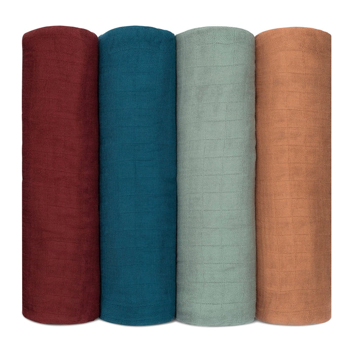 Comfy Cubs Baby Muslin Swaddle Blankets 4 Pack - Wine, Neptune, Fern, Caramel