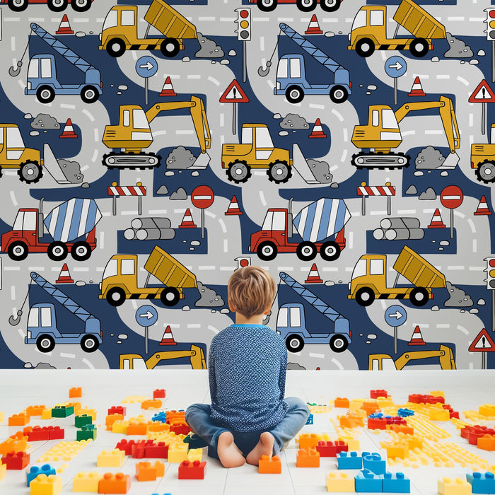 TeepeeJoy Construction Truck Peel and Stick or Traditional Wallpaper - Building Brigade