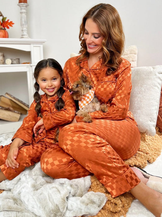 Mia Belle Girls Mommy and Me Pumpkin Spice Checkered Silk Pajamas