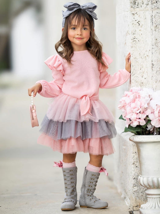 Mia Belle Girls Pink Ruffle Top and Layered Tutu Skirt Set