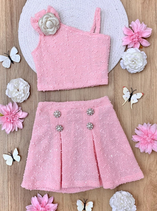 Mia Belle Girls Fancy Flower Pink Matching Top and Skirt Set