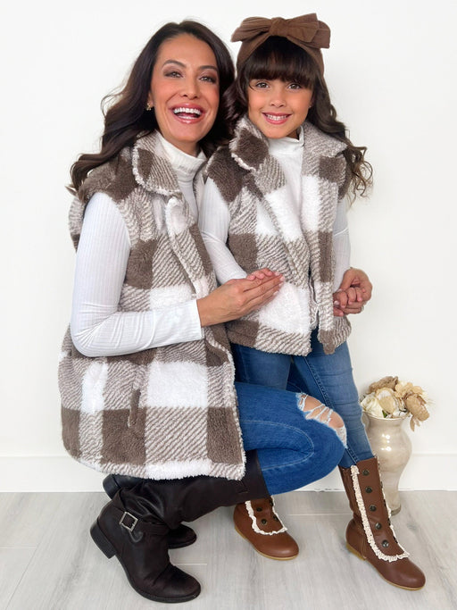Mia Belle Girls Mommy and Me Cozy Faux Fur Plaid Vest