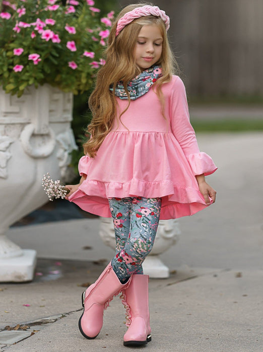 Mia Belle Girls Flawless Hi-Lo Ruffle Tunic, Floral Leggings And Scarf Set