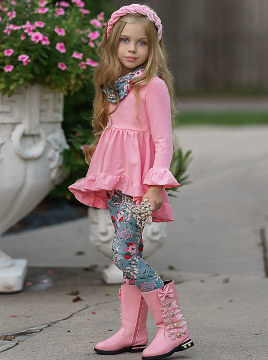 Mia Belle Girls Flawless Hi-Lo Ruffle Tunic, Floral Leggings And Scarf Set