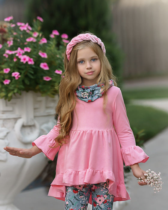 Mia Belle Girls Flawless Hi-Lo Ruffle Tunic, Floral Leggings And Scarf Set