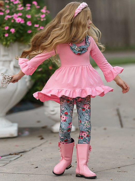 Mia Belle Girls Flawless Hi-Lo Ruffle Tunic, Floral Leggings And Scarf Set