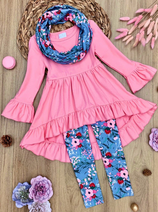 Mia Belle Girls Flawless Hi-Lo Ruffle Tunic, Floral Leggings And Scarf Set