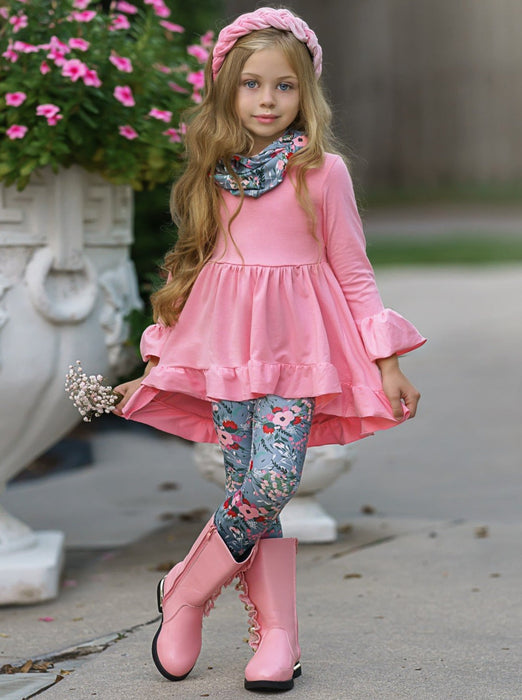 Mia Belle Girls Flawless Hi-Lo Ruffle Tunic, Floral Leggings And Scarf Set