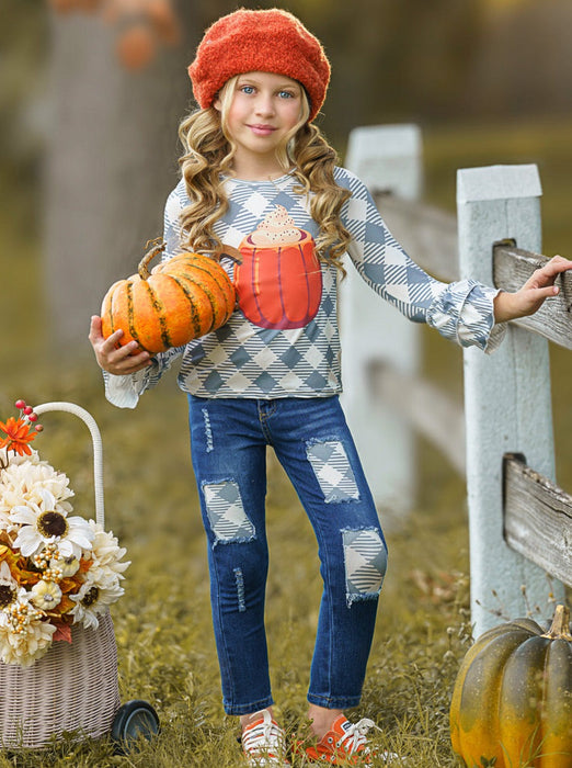 Mia Belle Girls But First, Pumpkin Spice Patched Jeans Set