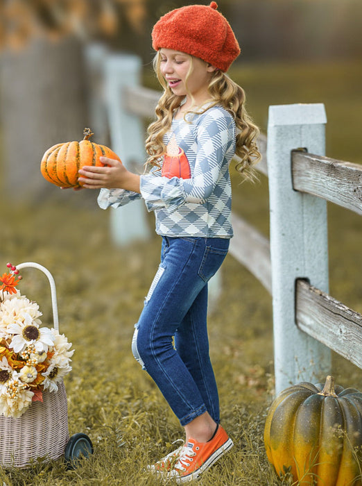 Mia Belle Girls But First, Pumpkin Spice Patched Jeans Set