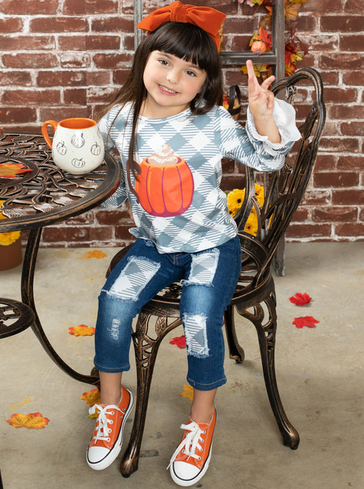 Mia Belle Girls But First, Pumpkin Spice Patched Jeans Set