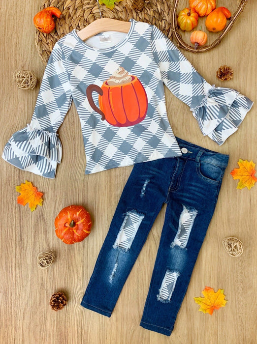 Mia Belle Girls But First, Pumpkin Spice Patched Jeans Set