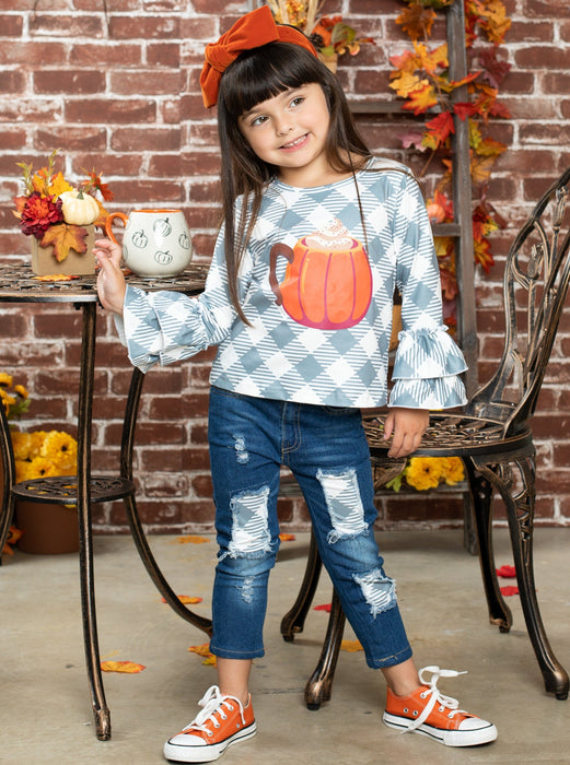 Mia Belle Girls But First, Pumpkin Spice Patched Jeans Set