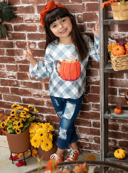 Mia Belle Girls But First, Pumpkin Spice Patched Jeans Set