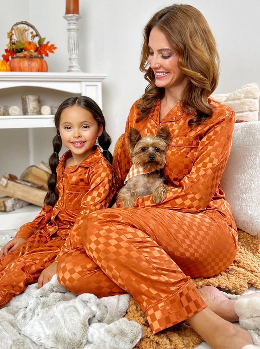 Mia Belle Girls Mommy and Me Pumpkin Spice Checkered Silk Pajamas