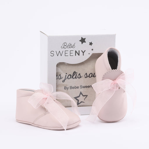 Bebe Sweeny Baby Girls Pink Leather Pre-Walker Shoes with Organza Ribbon