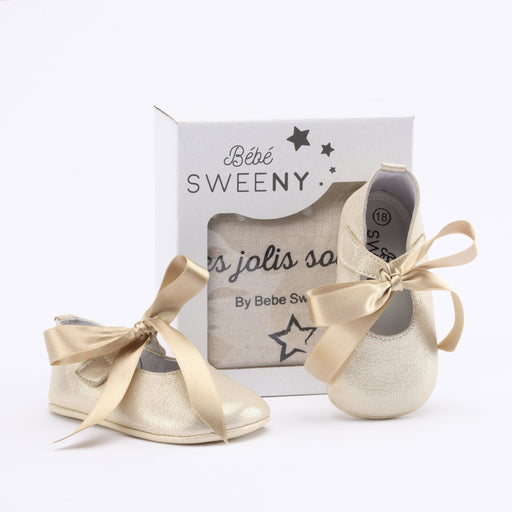 Bebe Sweeny Baby Girls Gold Leather Pre-Walker Shoes | Gold Satin Ribbon