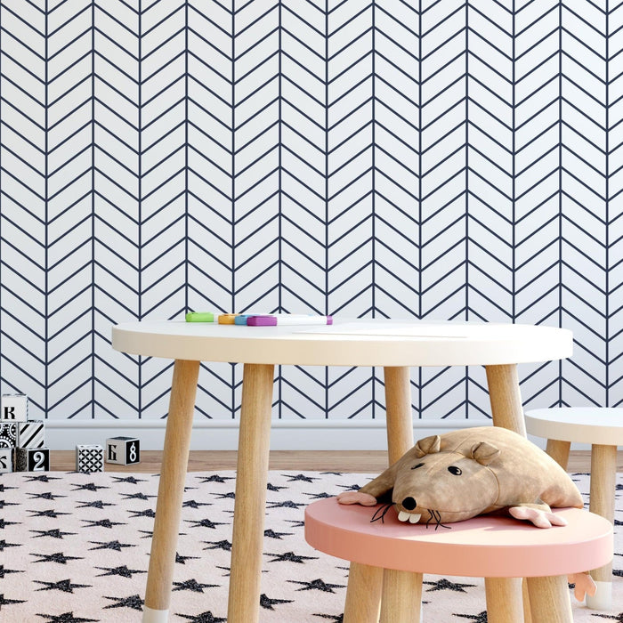 TeepeeJoy Geometric Wallpaper for Nursery and Kids Rooms - Black and White Herringbone