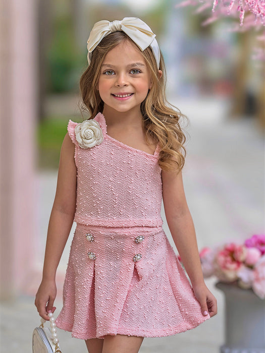 Mia Belle Girls Fancy Flower Pink Matching Top and Skirt Set